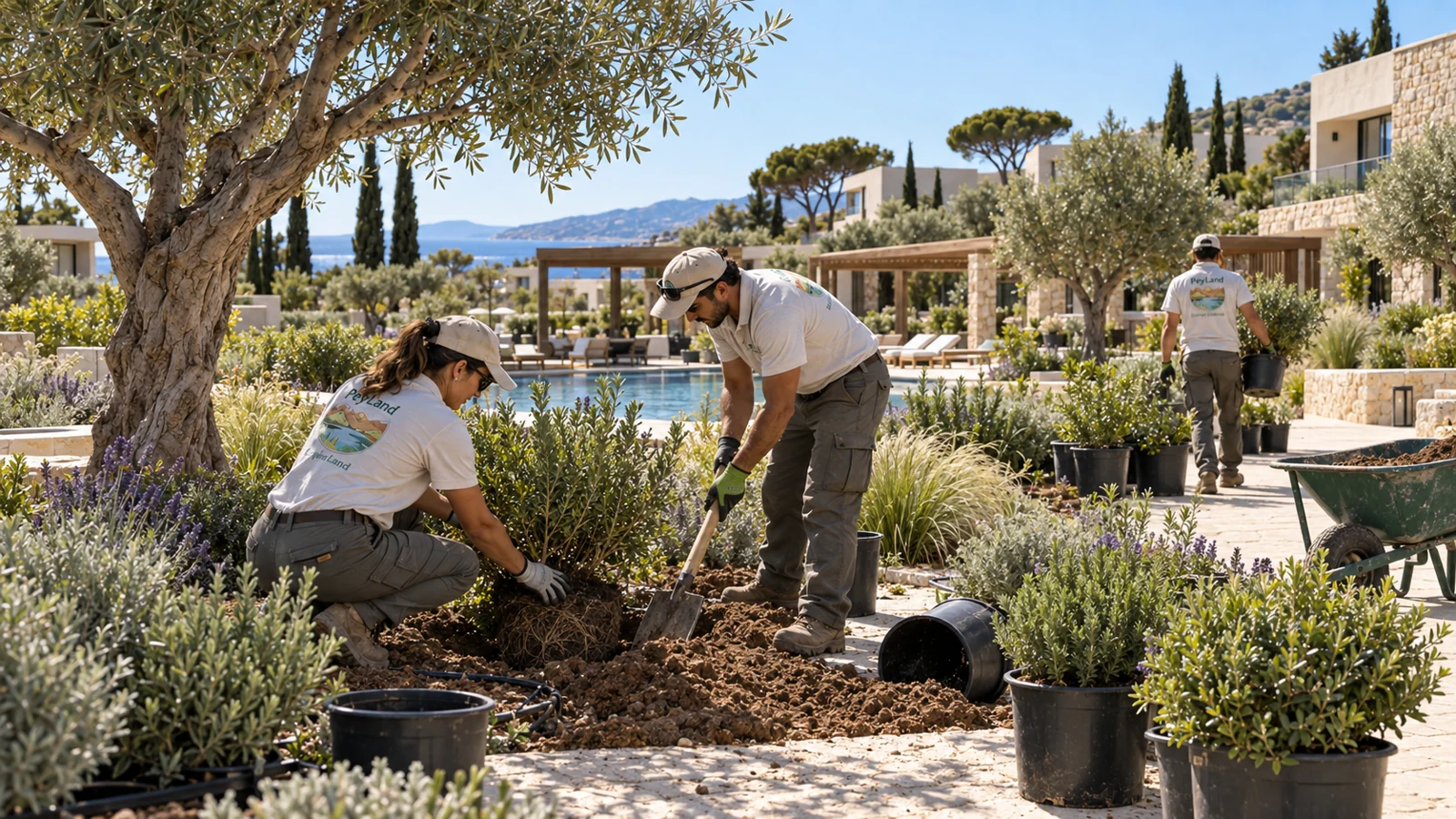 Villa ve site bahçesinde bitki dikimi yapan PeyLand ekibi; temsili uygulama görseli