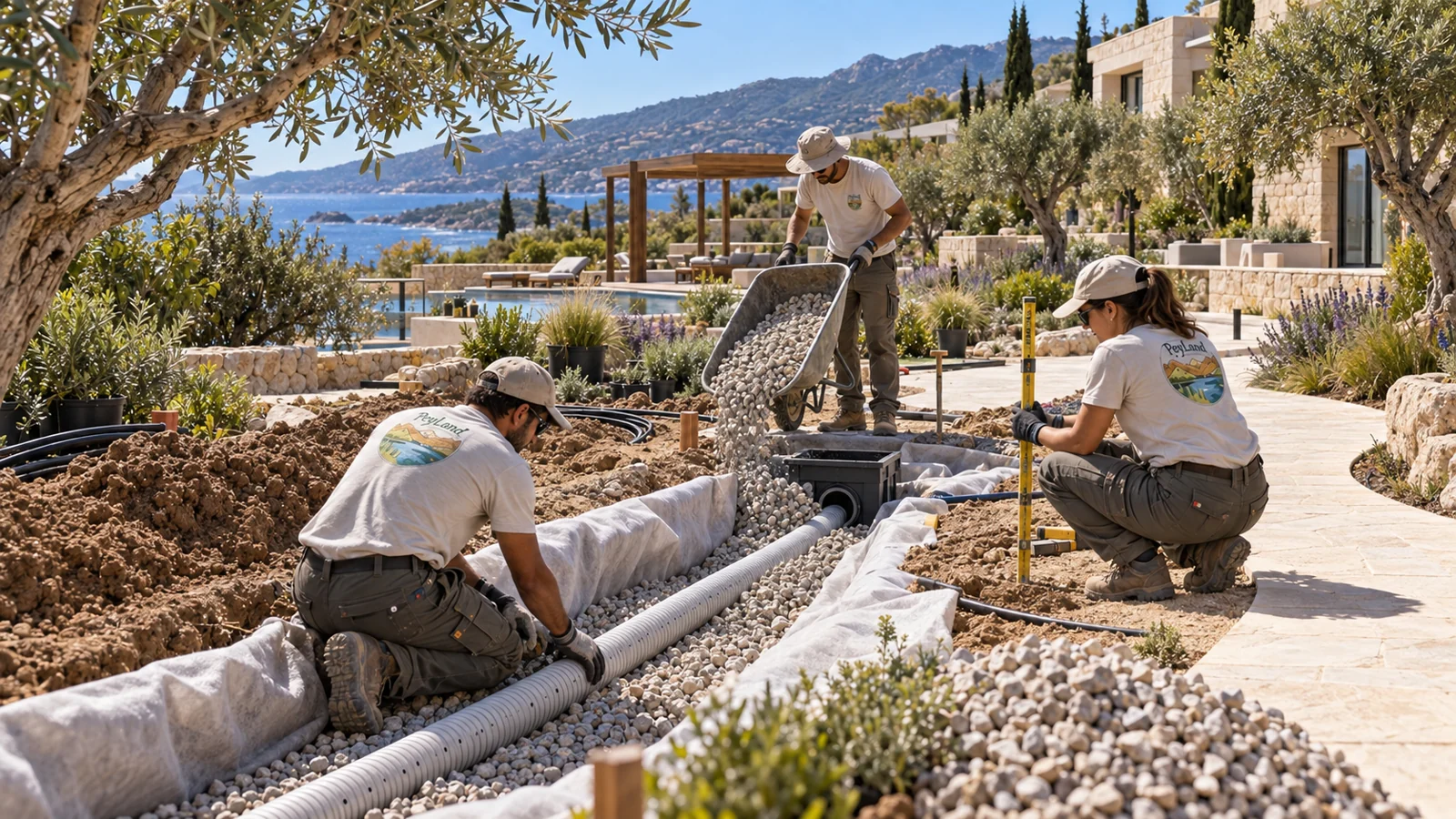 Geotekstil ve mıcır yatağında drenaj hattı döşeyen PeyLand ekibi; temsili uygulama görseli