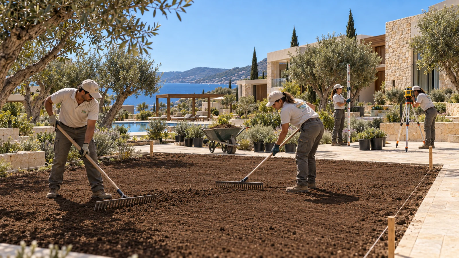 Toprağı tesviye eden ve kotları kontrol eden PeyLand ekibi; temsili uygulama görseli